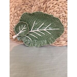 Vintage Bordallo Pinheiro Ceramic Green Cabbage Leaf Chip & Dip Serving Plate